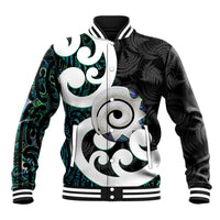 Aotearoa Koru Baseball Jacket Cyan Maori Paua Shell Mix Silver Fern LT14 Unisex Black - Polynesian Pride