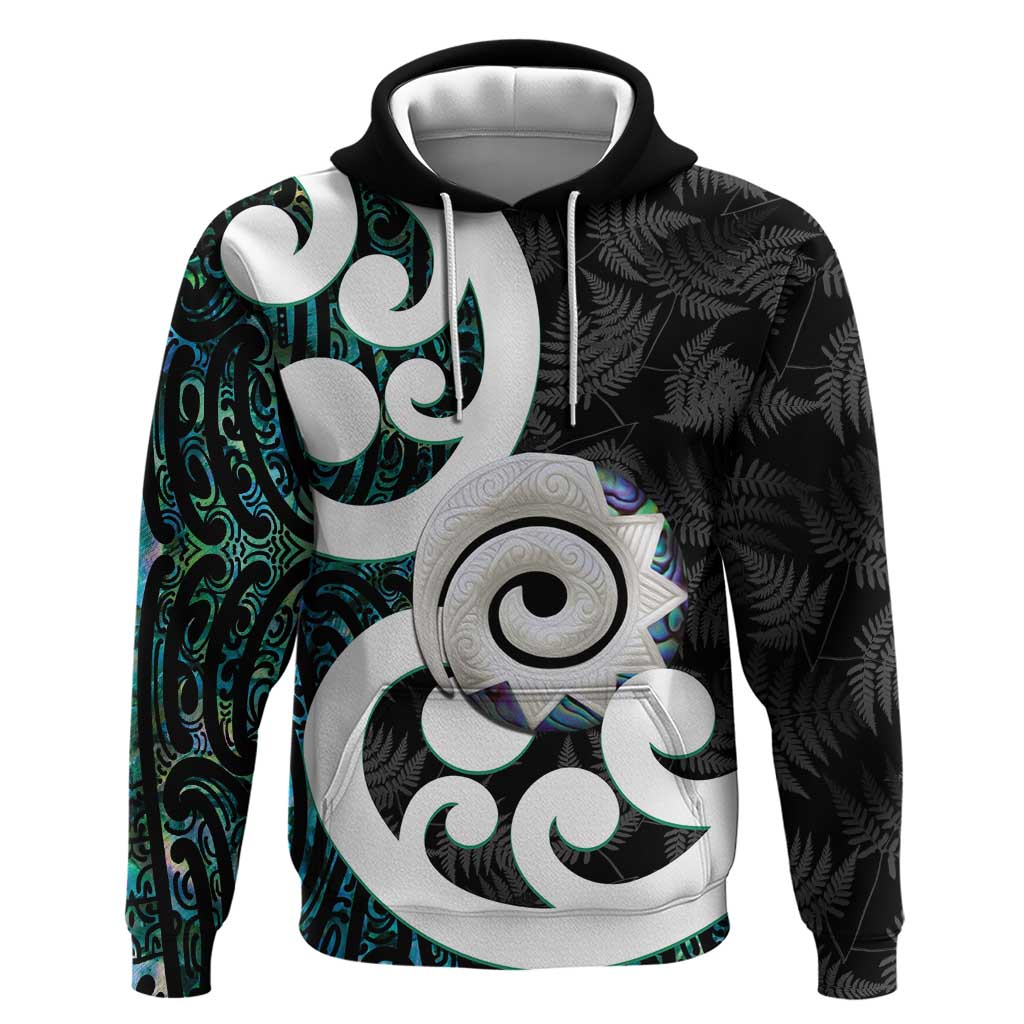 Aotearoa Koru Hoodie Cyan Maori Paua Shell Mix Silver Fern