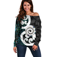 Aotearoa Koru Off Shoulder Sweater Cyan Maori Paua Shell Mix Silver Fern LT14 Women Black - Polynesian Pride