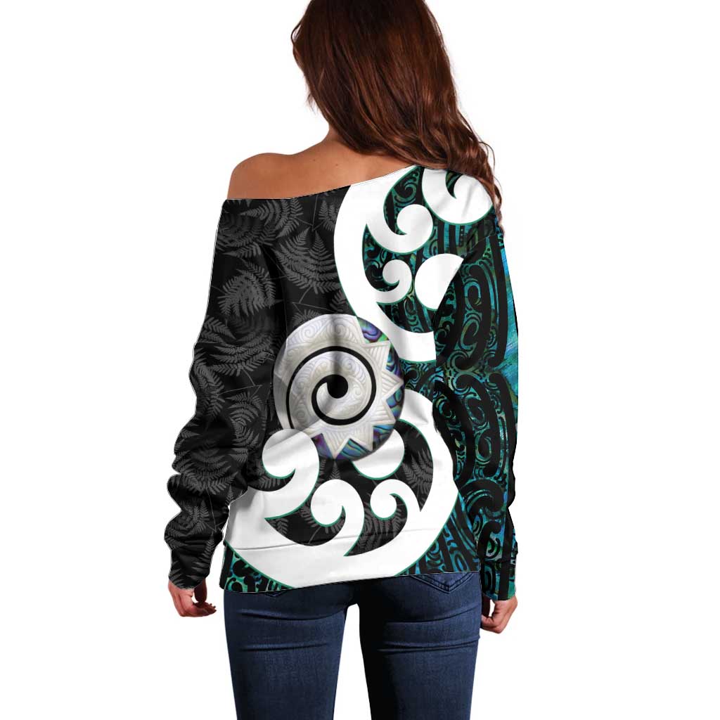 Aotearoa Koru Off Shoulder Sweater Cyan Maori Paua Shell Mix Silver Fern LT14 - Polynesian Pride