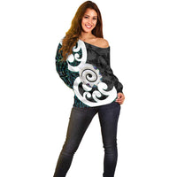 Aotearoa Koru Off Shoulder Sweater Cyan Maori Paua Shell Mix Silver Fern LT14 - Polynesian Pride