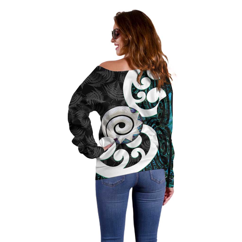Aotearoa Koru Off Shoulder Sweater Cyan Maori Paua Shell Mix Silver Fern LT14 - Polynesian Pride