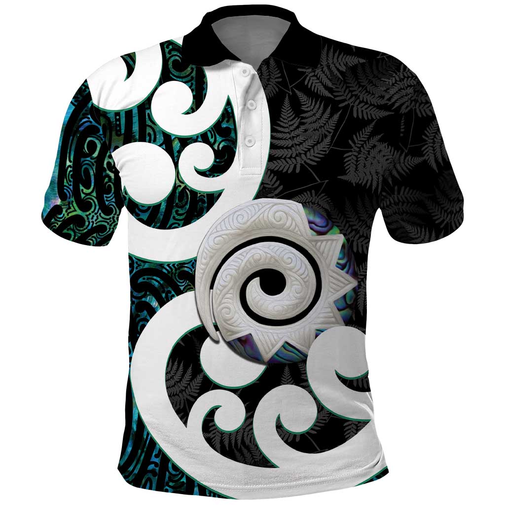 Aotearoa Koru Polo Shirt Cyan Maori Paua Shell Mix Silver Fern LT14 Black - Polynesian Pride