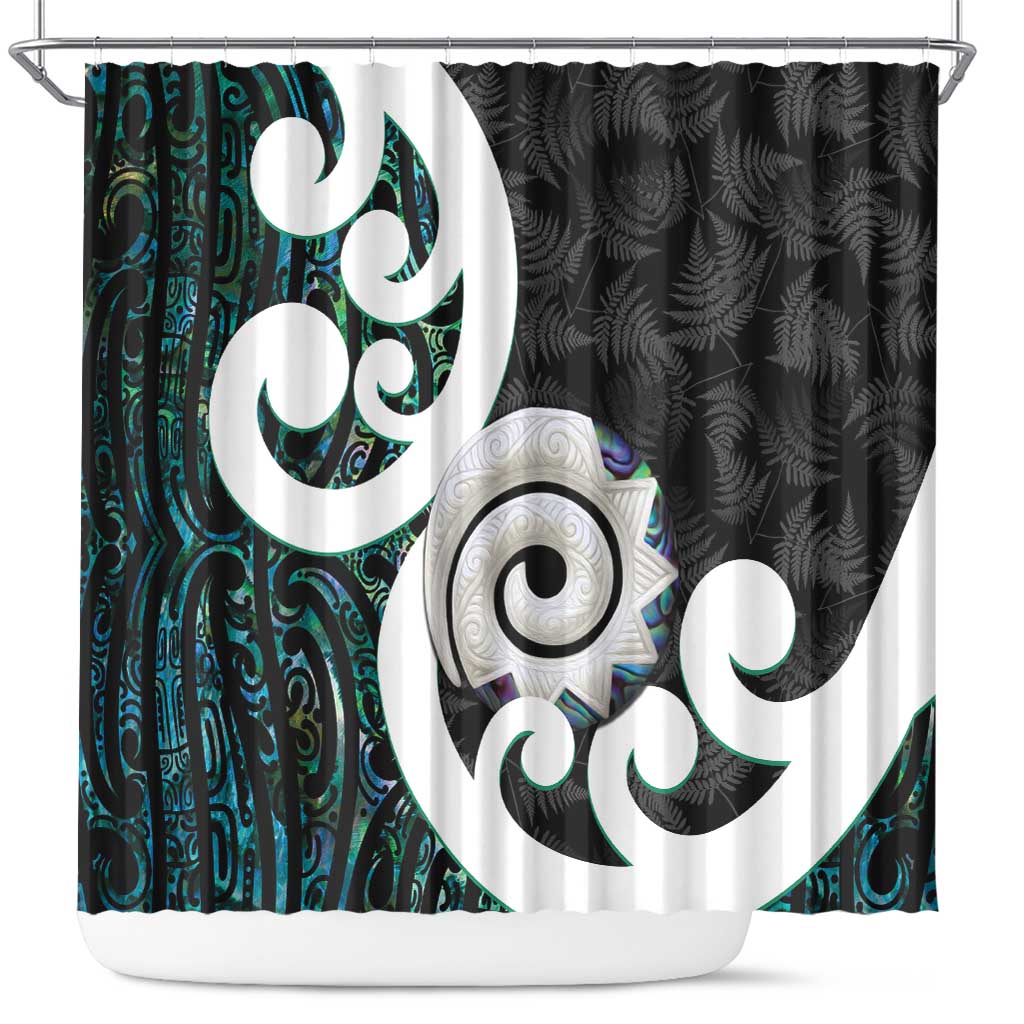 Aotearoa Koru Shower Curtain Cyan Maori Paua Shell Mix Silver Fern