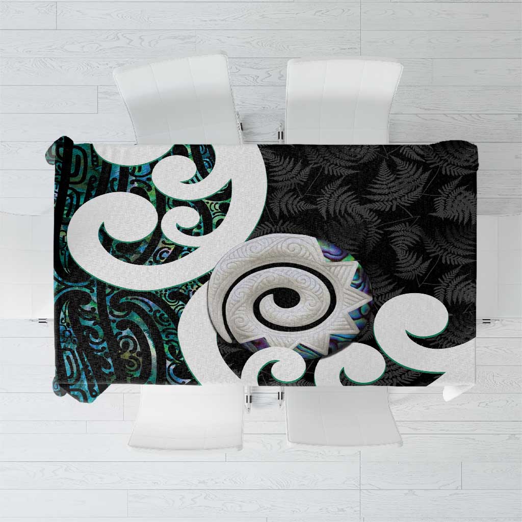 Aotearoa Koru Tablecloth Cyan Maori Paua Shell Mix Silver Fern