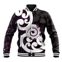 Aotearoa Koru Baseball Jacket Purple Maori Paua Shell Mix Silver Fern LT14 Unisex Black - Polynesian Pride