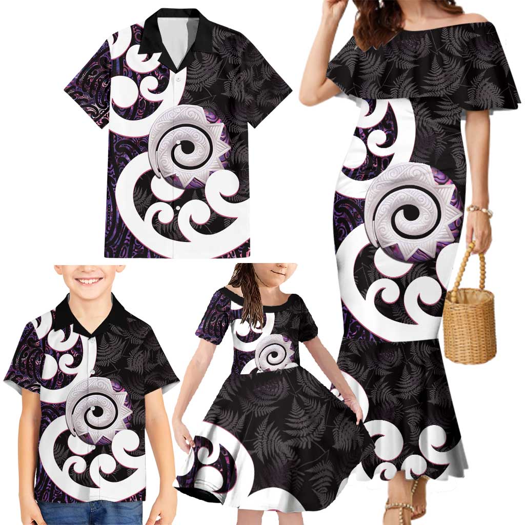 Aotearoa Koru Family Matching Mermaid Dress and Hawaiian Shirt Purple Maori Paua Shell Mix Silver Fern