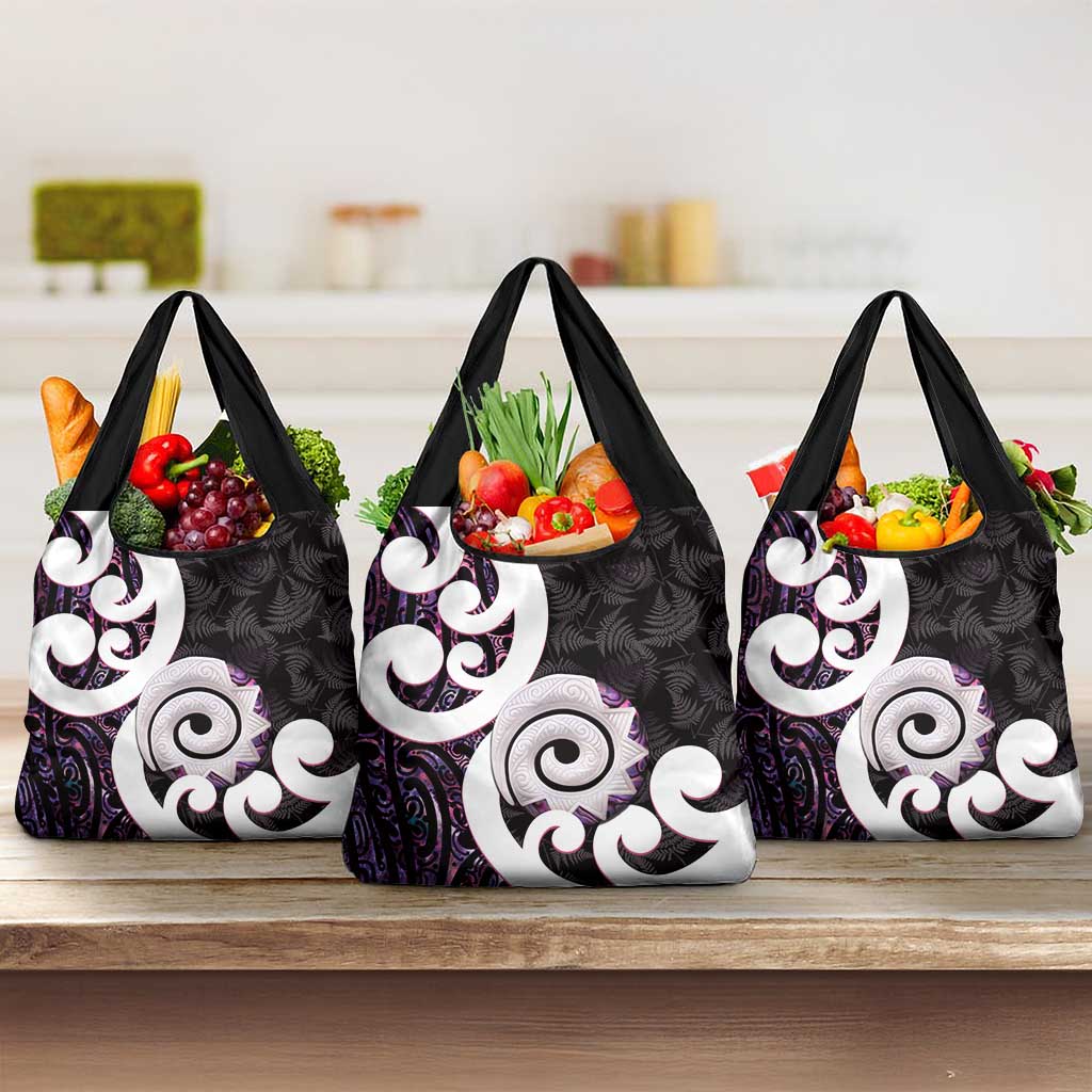 Aotearoa Koru Grocery Bag Purple Maori Paua Shell Mix Silver Fern LT14 3-pack One Size Black - Polynesian Pride