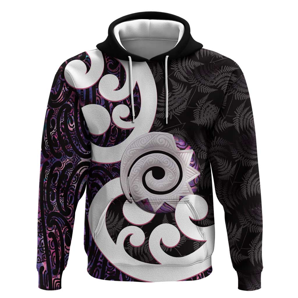 Aotearoa Koru Hoodie Purple Maori Paua Shell Mix Silver Fern