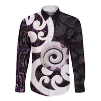 Aotearoa Koru Long Sleeve Button Shirt Purple Maori Paua Shell Mix Silver Fern LT14 Unisex Black - Polynesian Pride
