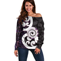 Aotearoa Koru Off Shoulder Sweater Purple Maori Paua Shell Mix Silver Fern LT14 Women Black - Polynesian Pride