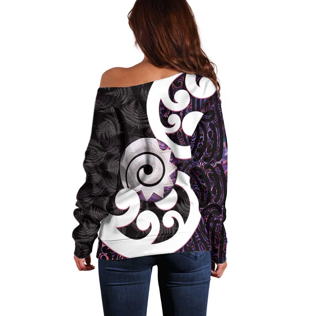 Aotearoa Koru Off Shoulder Sweater Purple Maori Paua Shell Mix Silver Fern LT14 - Polynesian Pride