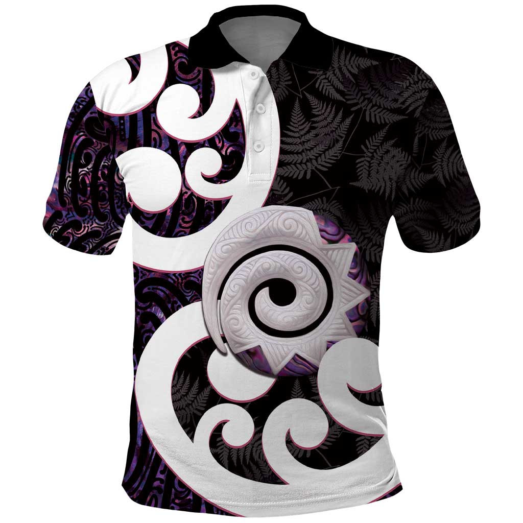 Aotearoa Koru Polo Shirt Purple Maori Paua Shell Mix Silver Fern LT14 Black - Polynesian Pride