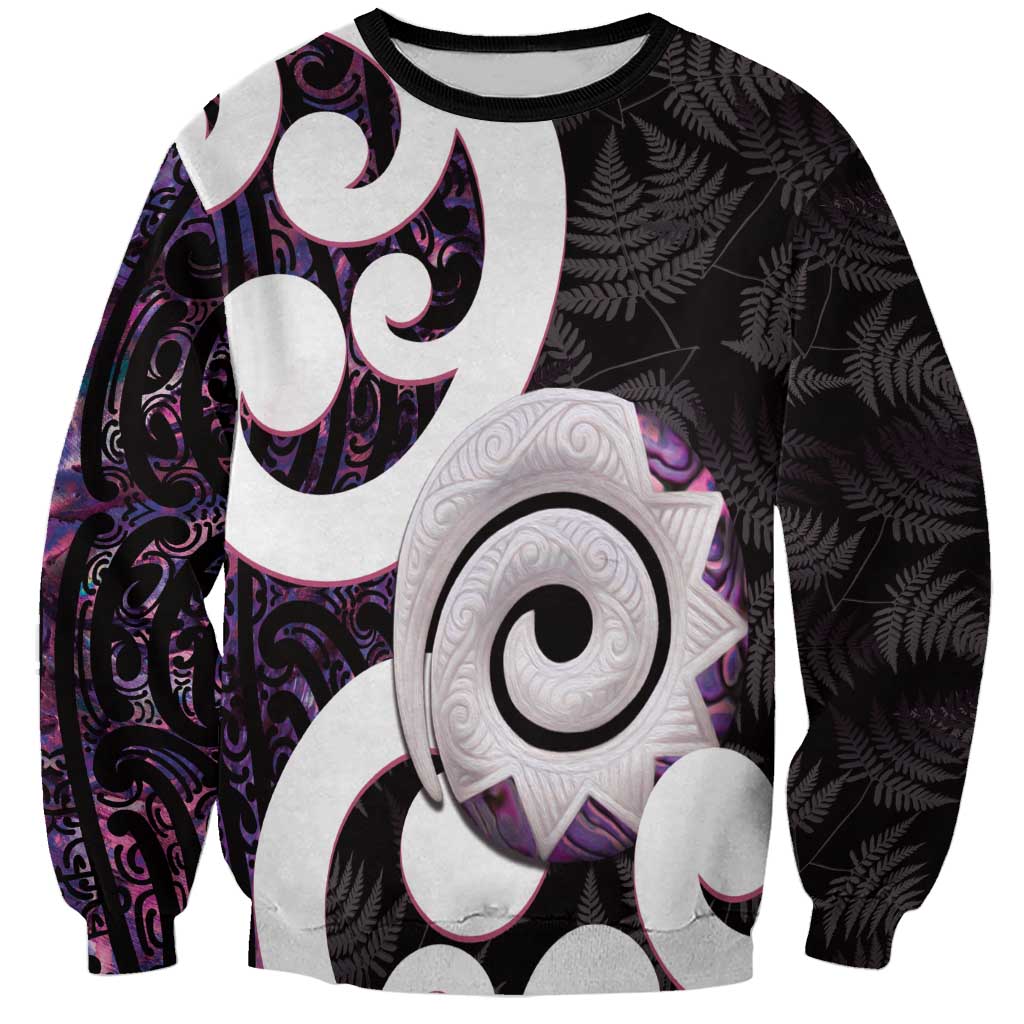 Aotearoa Koru Sweatshirt Purple Maori Paua Shell Mix Silver Fern LT14 Unisex Black - Polynesian Pride