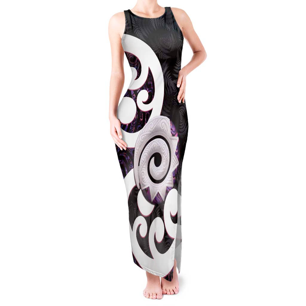 Aotearoa Koru Tank Maxi Dress Purple Maori Paua Shell Mix Silver Fern