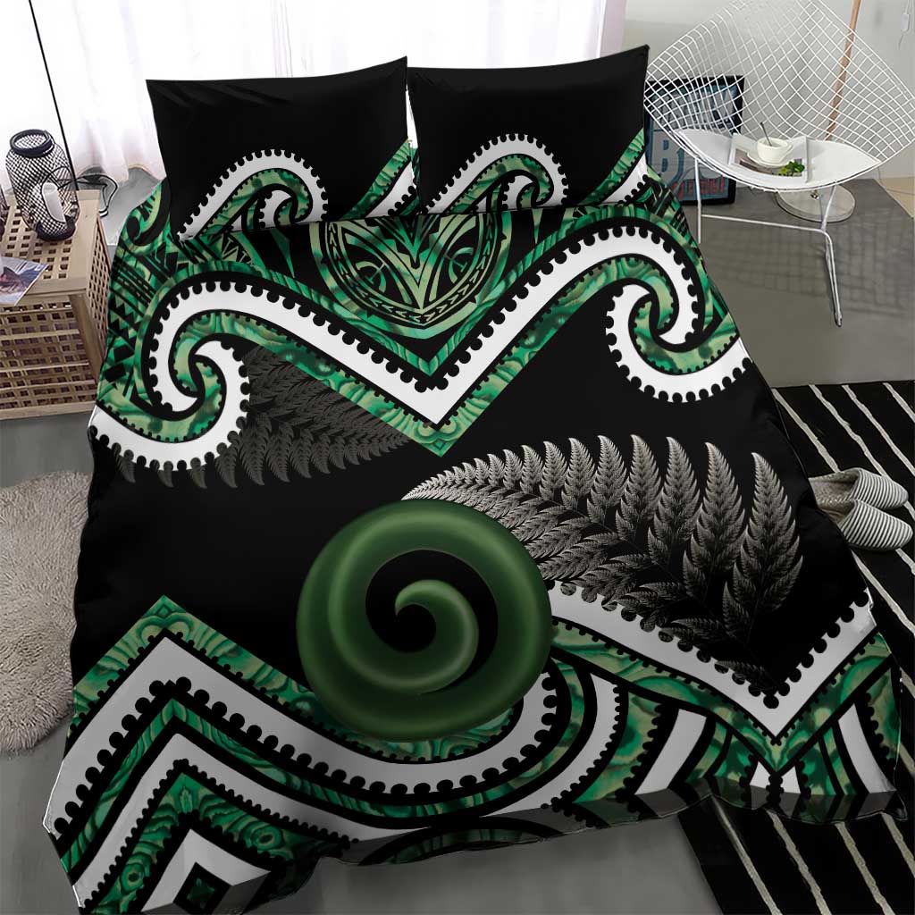 Koru Pounamu Aotearoa Bedding Set Maori Paua Shell Mix Silver Fern LT14 - Polynesian Pride