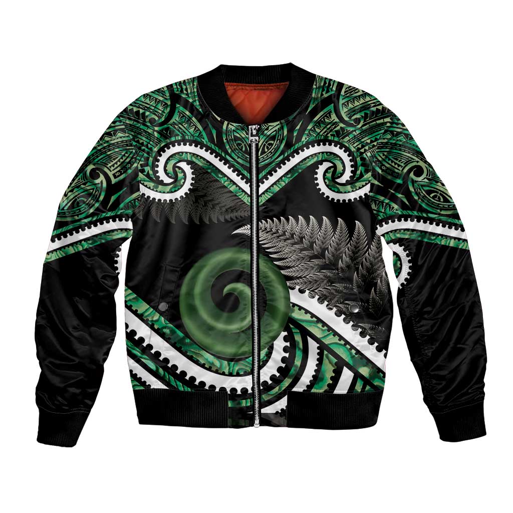 Koru Pounamu Aotearoa Bomber Jacket Maori Paua Shell Mix Silver Fern LT14 Unisex Black - Polynesian Pride