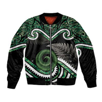 Koru Pounamu Aotearoa Bomber Jacket Maori Paua Shell Mix Silver Fern LT14 Unisex Black - Polynesian Pride