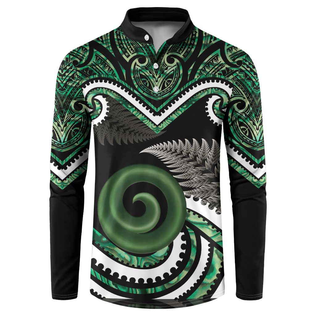 Koru Pounamu Aotearoa Button Sweatshirt Maori Paua Shell Mix Silver Fern LT14 Black - Polynesian Pride