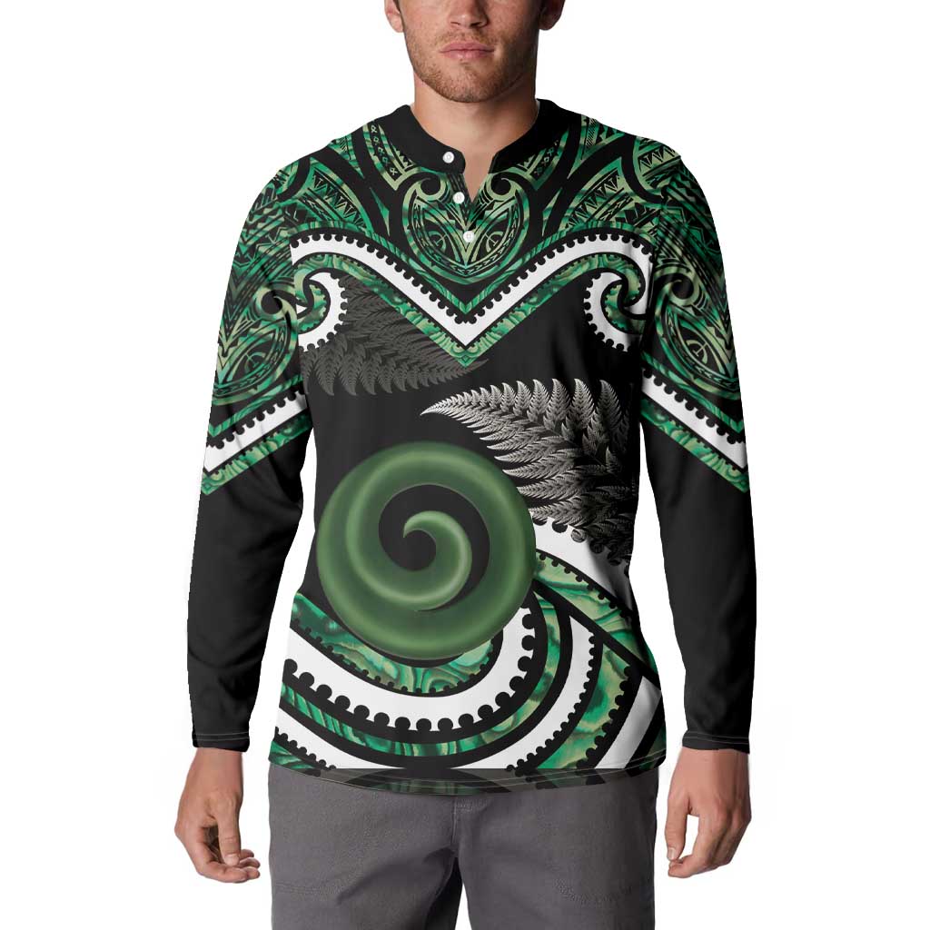 Koru Pounamu Aotearoa Button Sweatshirt Maori Paua Shell Mix Silver Fern LT14 - Polynesian Pride