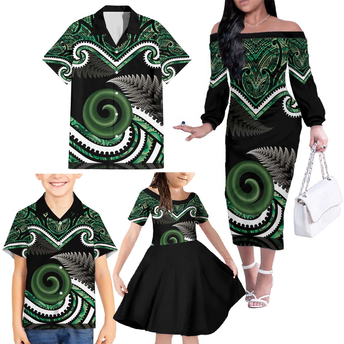 Koru Pounamu Aotearoa Family Matching Off The Shoulder Long Sleeve Dress and Hawaiian Shirt Maori Paua Shell Mix Silver Fern