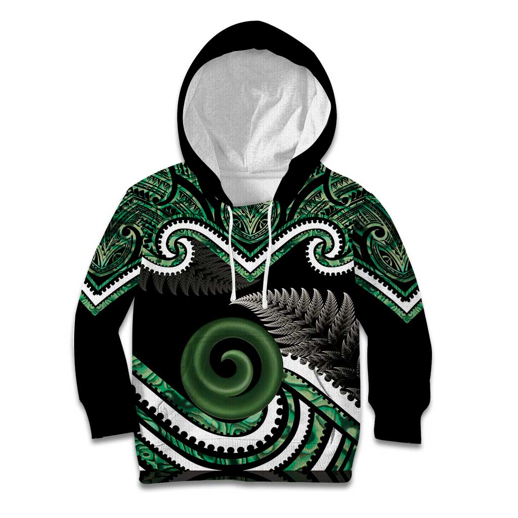 Koru Pounamu Aotearoa Kid Hoodie Maori Paua Shell Mix Silver Fern LT14 Hoodie Black - Polynesian Pride