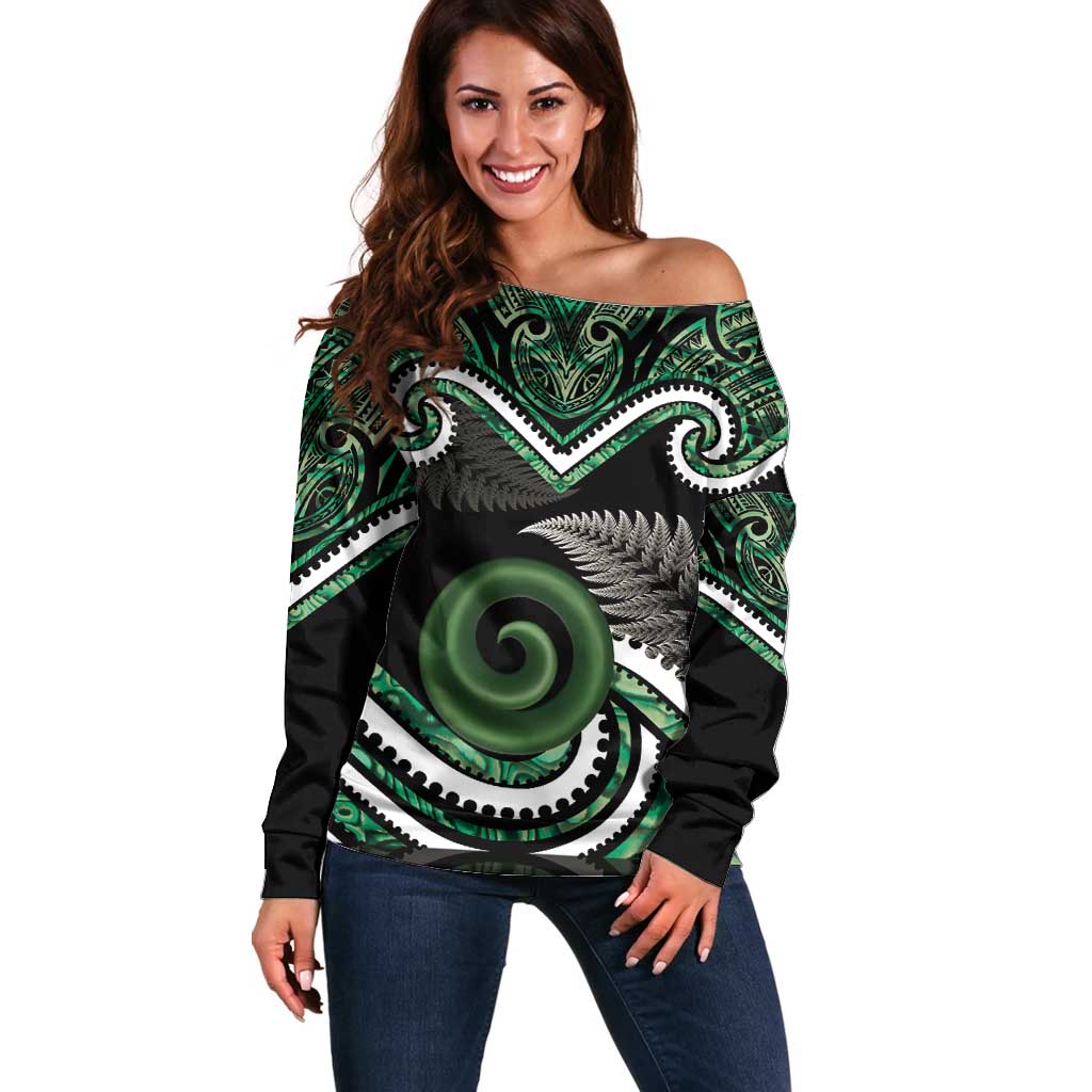 Koru Pounamu Aotearoa Off Shoulder Sweater Maori Paua Shell Mix Silver Fern LT14 Women Black - Polynesian Pride