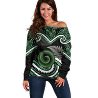 Koru Pounamu Aotearoa Off Shoulder Sweater Maori Paua Shell Mix Silver Fern LT14 Women Black - Polynesian Pride