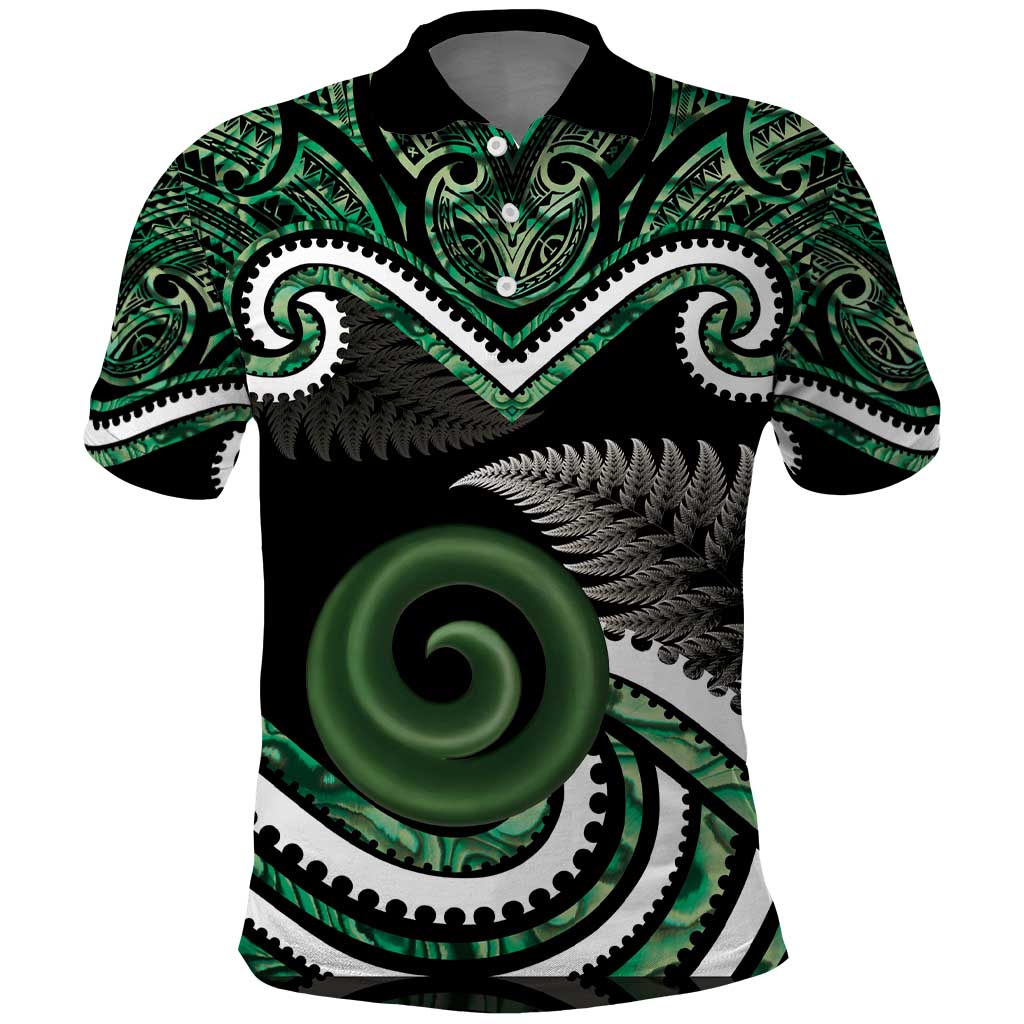 Koru Pounamu Aotearoa Polo Shirt Maori Paua Shell Mix Silver Fern