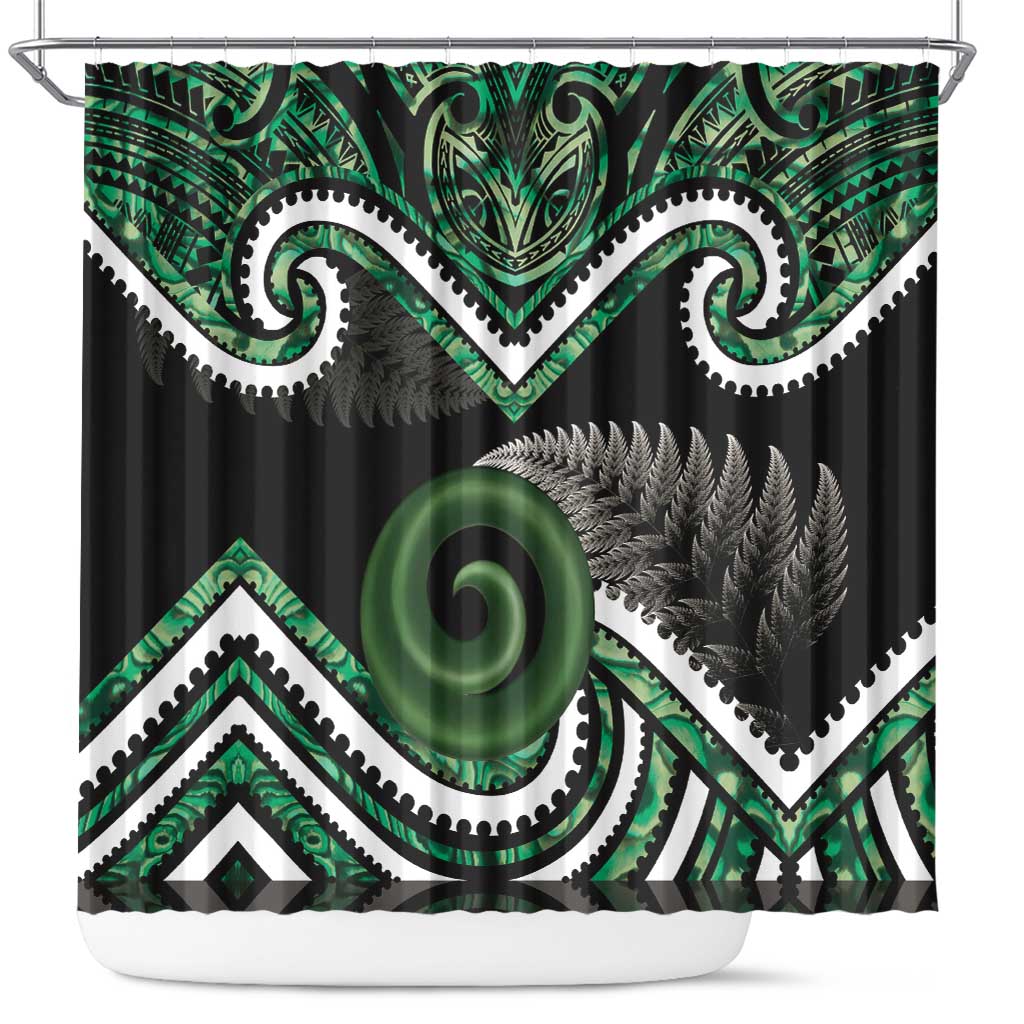 Koru Pounamu Aotearoa Shower Curtain Maori Paua Shell Mix Silver Fern