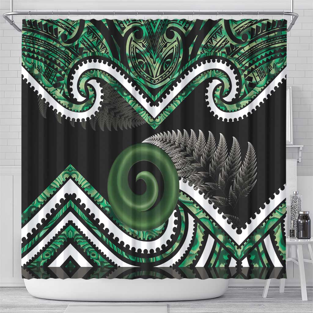 Koru Pounamu Aotearoa Shower Curtain Maori Paua Shell Mix Silver Fern LT14 - Polynesian Pride
