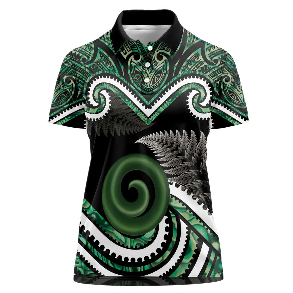 Koru Pounamu Aotearoa Women Polo Shirt Maori Paua Shell Mix Silver Fern