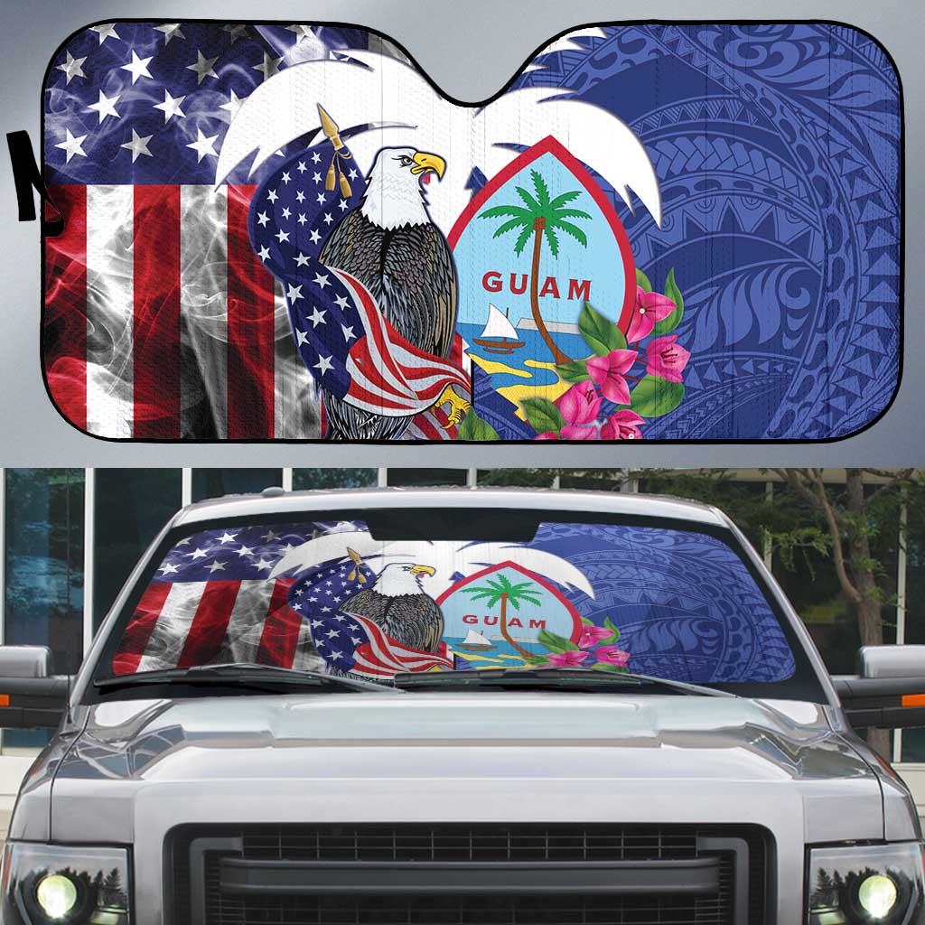 United States Guam Auto Sun Shade USA Eagle Guahan Seal Bougainvillea LT14 Blue - Polynesian Pride