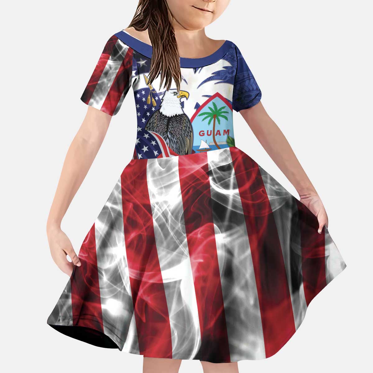 United States Guam Kid Short Sleeve Dress USA Eagle Guahan Seal Bougainvillea LT14 KID Blue - Polynesian Pride