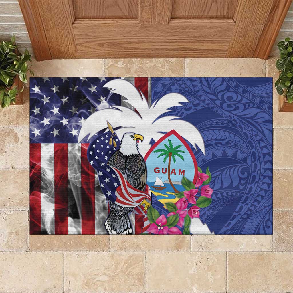 United States Guam Rubber Doormat USA Eagle Guahan Seal Bougainvillea LT14 Blue - Polynesian Pride