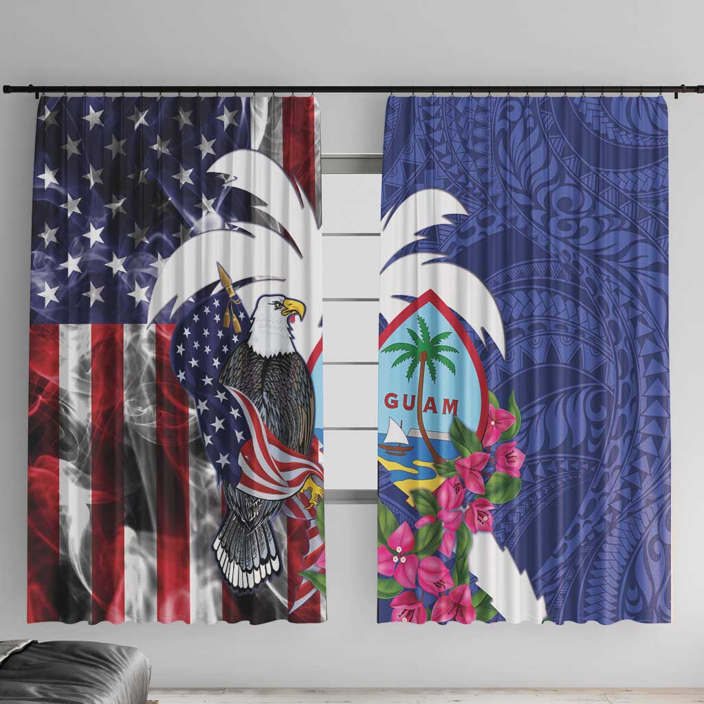 United States Guam Window Curtain USA Eagle Guahan Seal Bougainvillea LT14 With Hooks Blue - Polynesian Pride