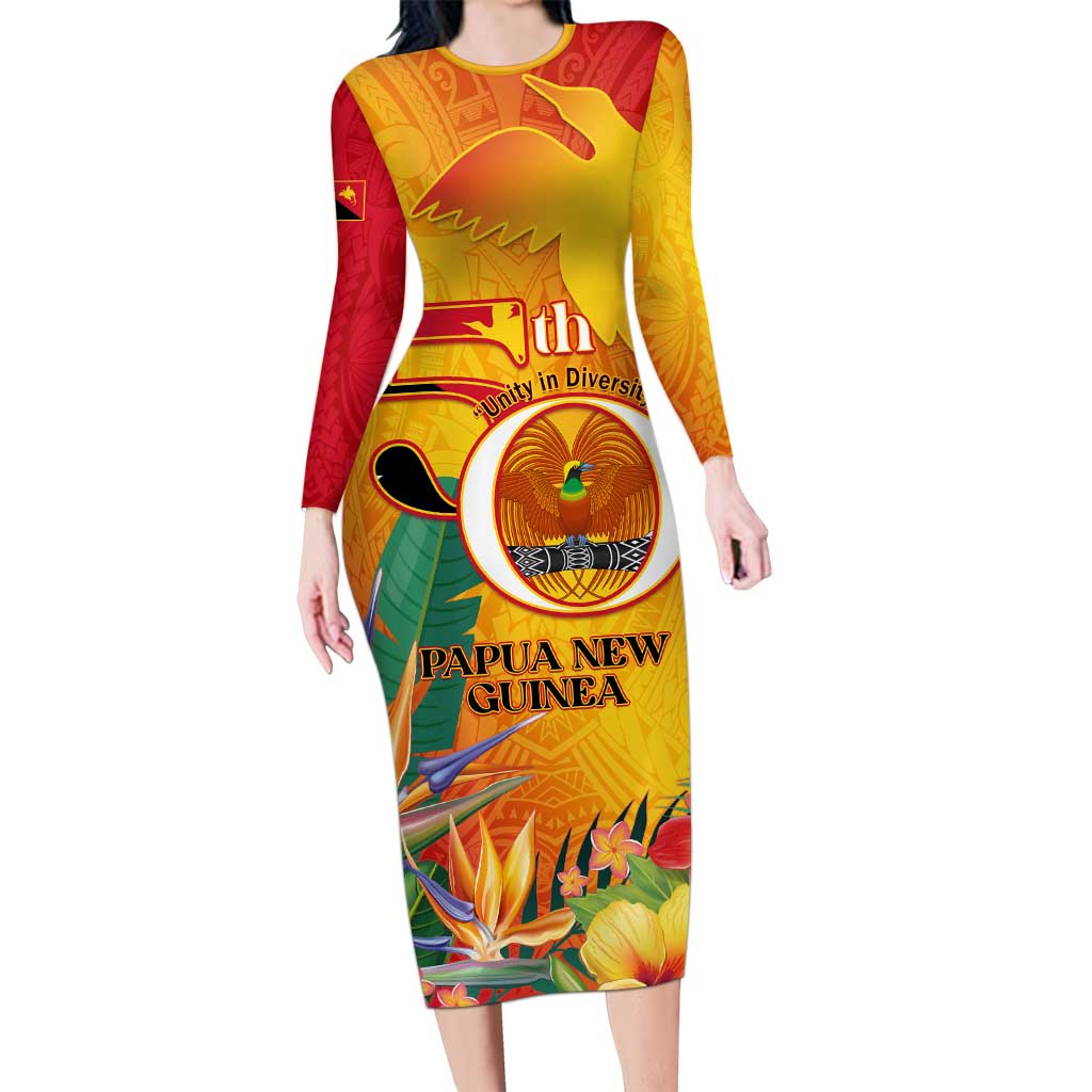 Papua New Guinea Independence Day Long Sleeve Bodycon Dress 50th Anniversary Unity in Diversity LT14 Long Dress Red - Polynesian Pride