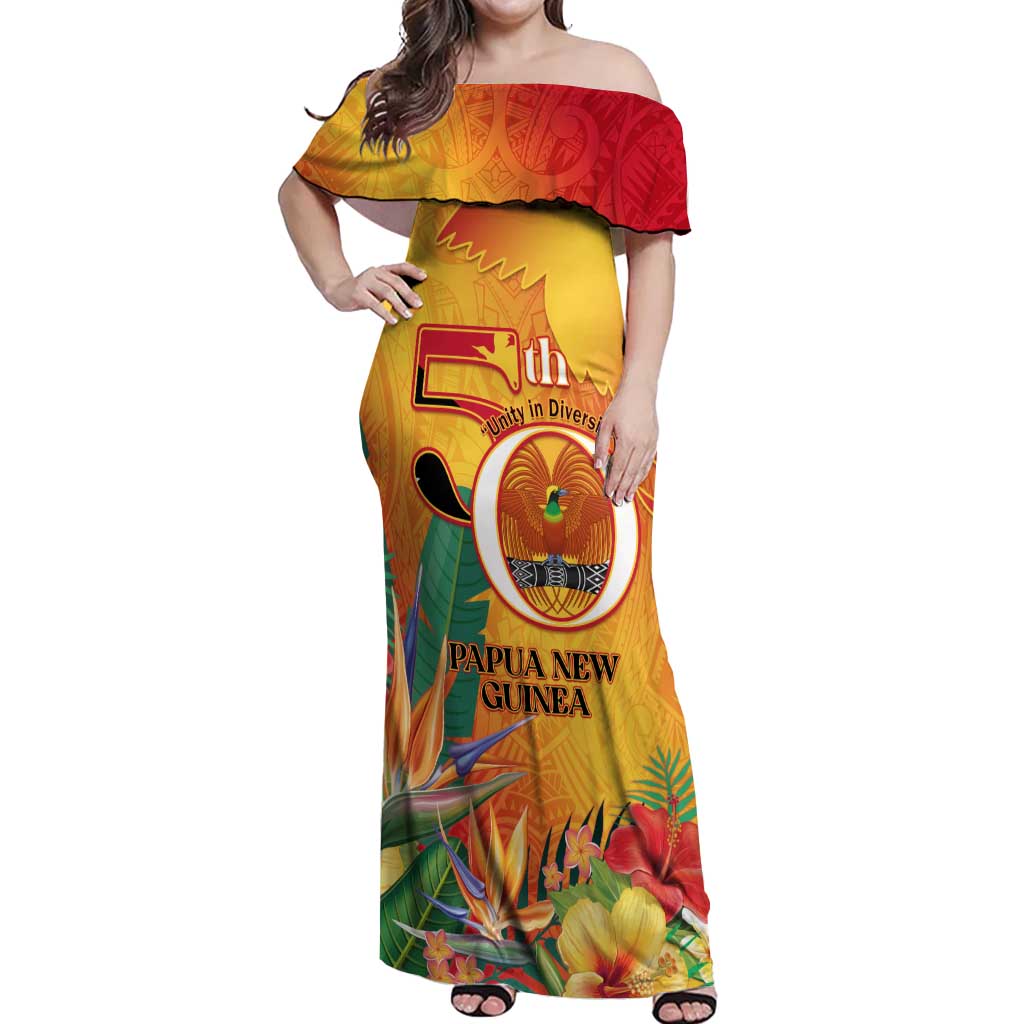 Papua New Guinea Independence Day Off Shoulder Maxi Dress 50th Anniversary Unity in Diversity LT14 Women Red - Polynesian Pride