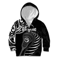 Personalised New Zealand Silver Fern Lacrosse Kid Hoodie Aotearoa Maori Pattern LT14 Zip Hoodie Black - Polynesian Pride