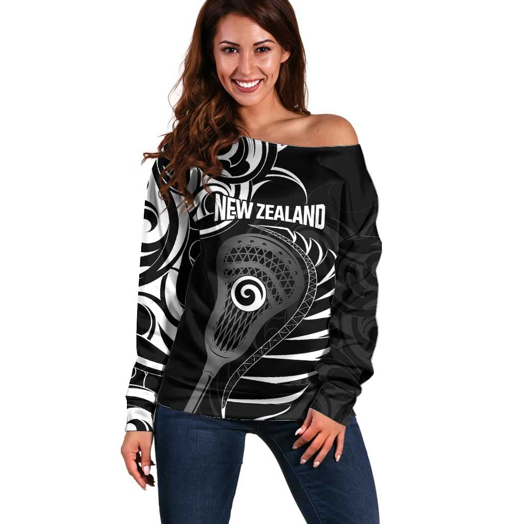 Personalised New Zealand Silver Fern Lacrosse Off Shoulder Sweater Aotearoa Maori Pattern LT14 Women Black - Polynesian Pride
