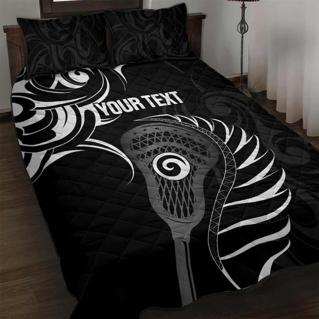 Personalised New Zealand Silver Fern Lacrosse Quilt Bed Set Aotearoa Maori Pattern LT14 Black - Polynesian Pride