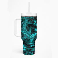 Polynesian Tumbler With Handle Turquoise Hawaiian Tribal Hammerhead Shark LT14 - Polynesian Pride