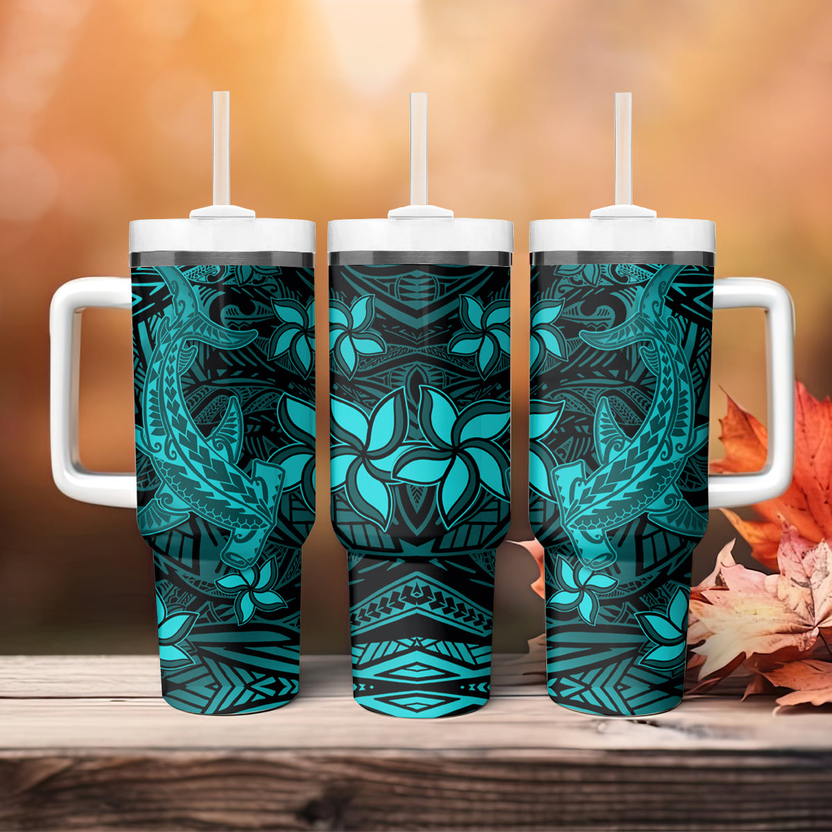 Polynesian Tumbler With Handle Turquoise Hawaiian Tribal Hammerhead Shark LT14 - Polynesian Pride