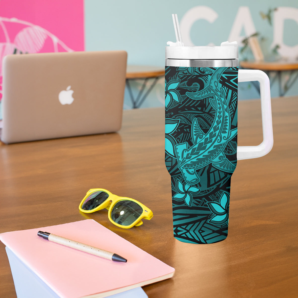Polynesian Tumbler With Handle Turquoise Hawaiian Tribal Hammerhead Shark LT14 - Polynesian Pride