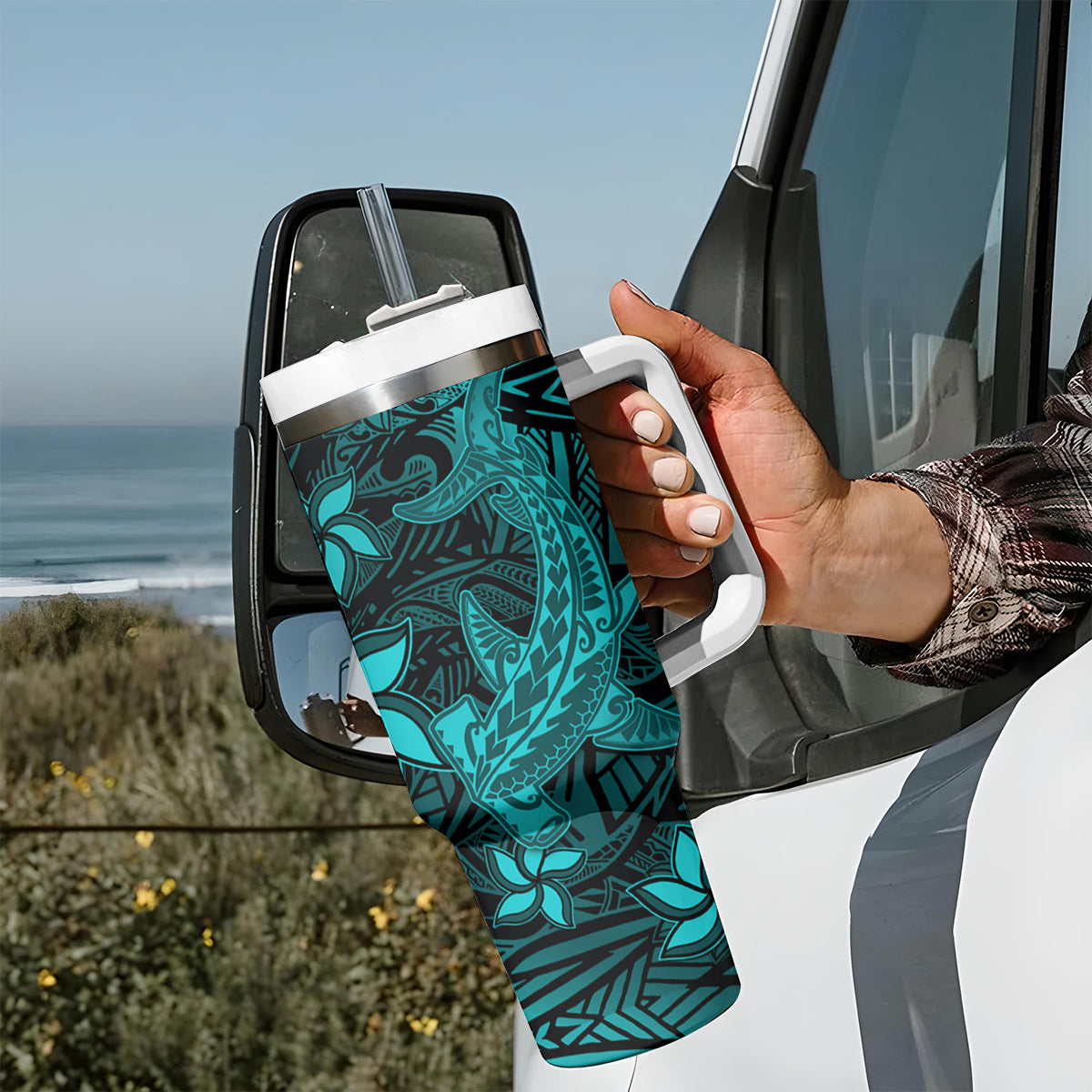 Polynesian Tumbler With Handle Turquoise Hawaiian Tribal Hammerhead Shark LT14 - Polynesian Pride