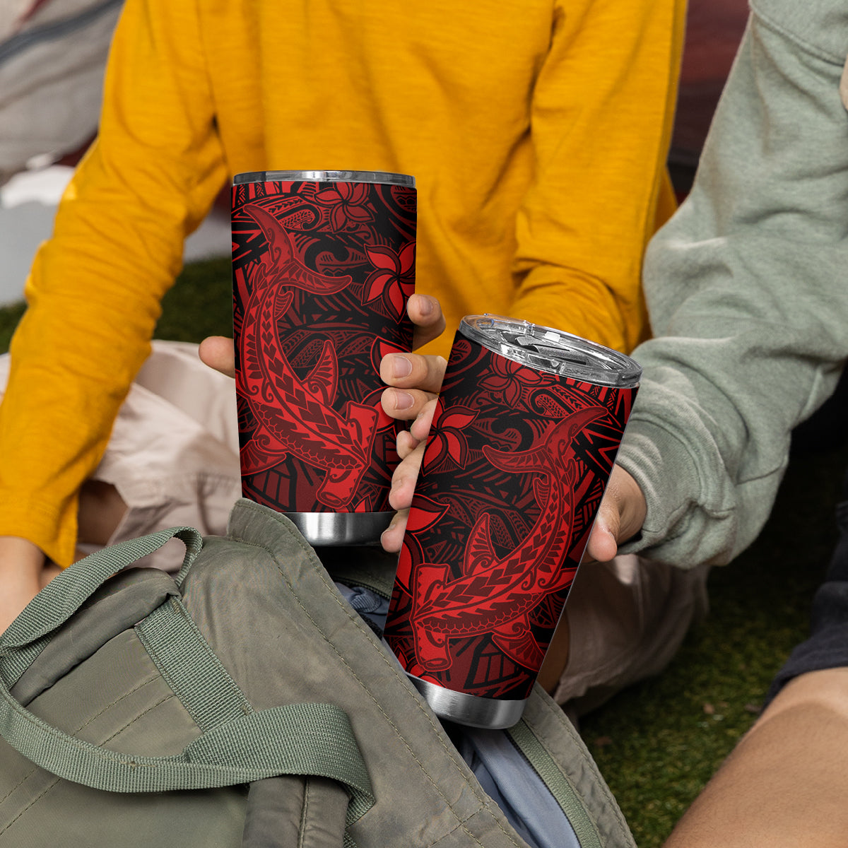 Polynesian Tumbler Cup Red Hawaiian Tribal Hammerhead Shark LT14 - Polynesian Pride