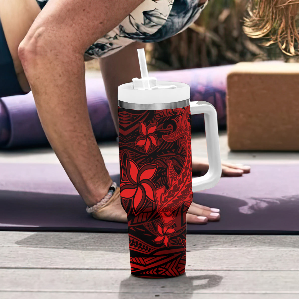 Polynesian Tumbler With Handle Red Hawaiian Tribal Hammerhead Shark LT14 - Polynesian Pride