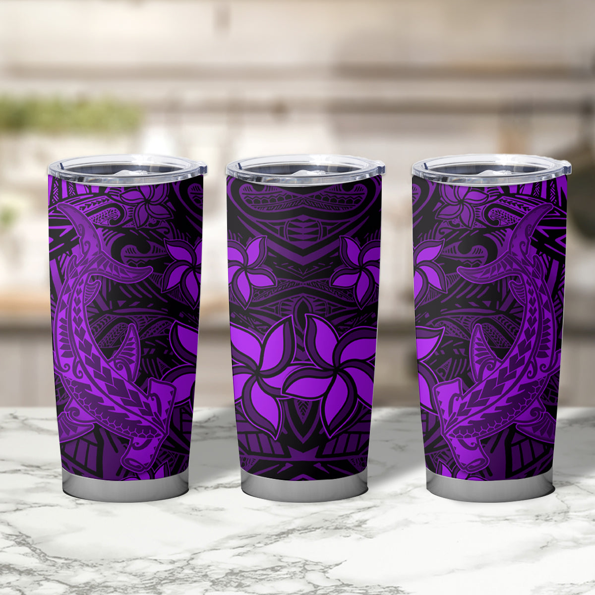 Polynesian Tumbler Cup Purple Hawaiian Tribal Hammerhead Shark LT14 - Polynesian Pride