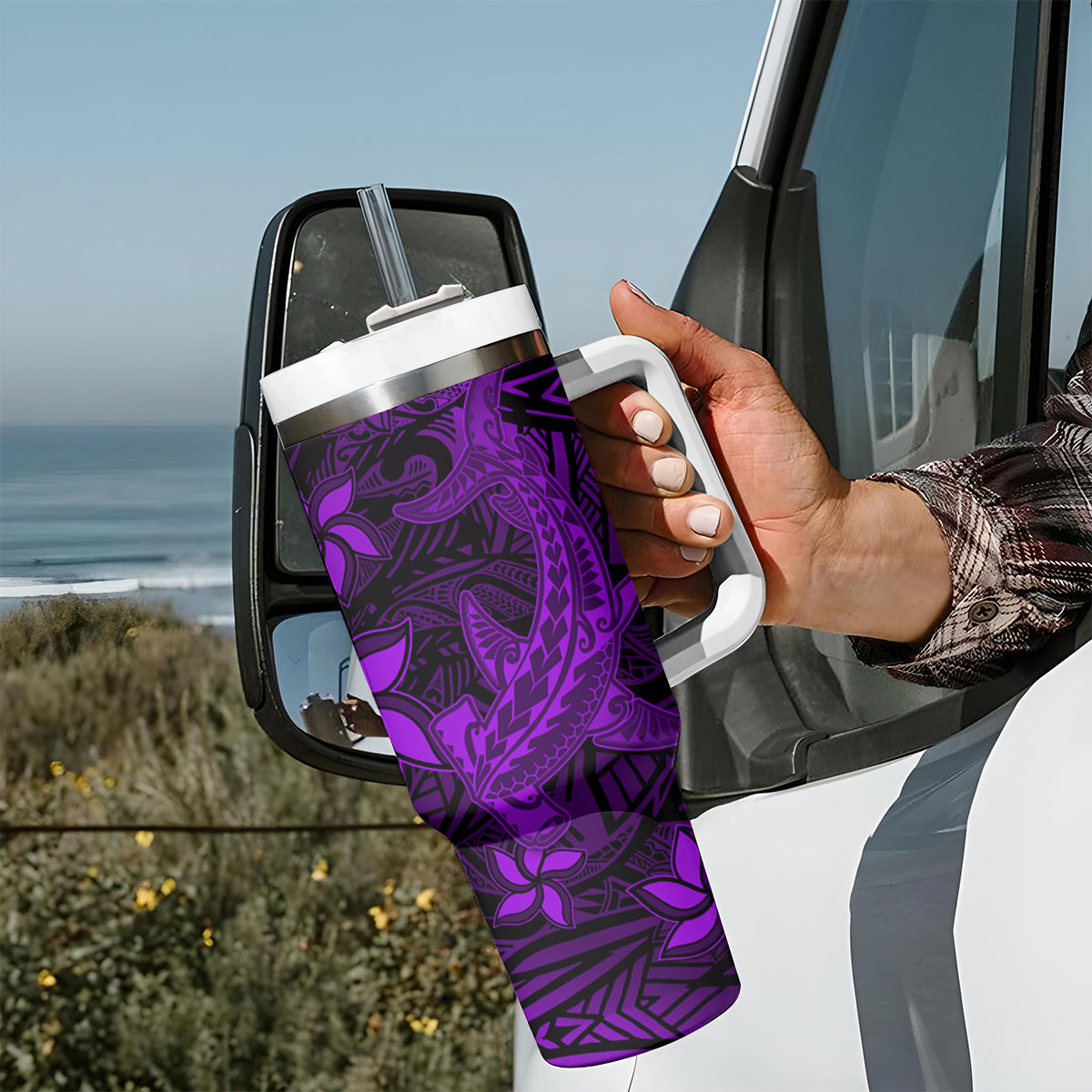 Polynesian Tumbler With Handle Purple Hawaiian Tribal Hammerhead Shark LT14 - Polynesian Pride