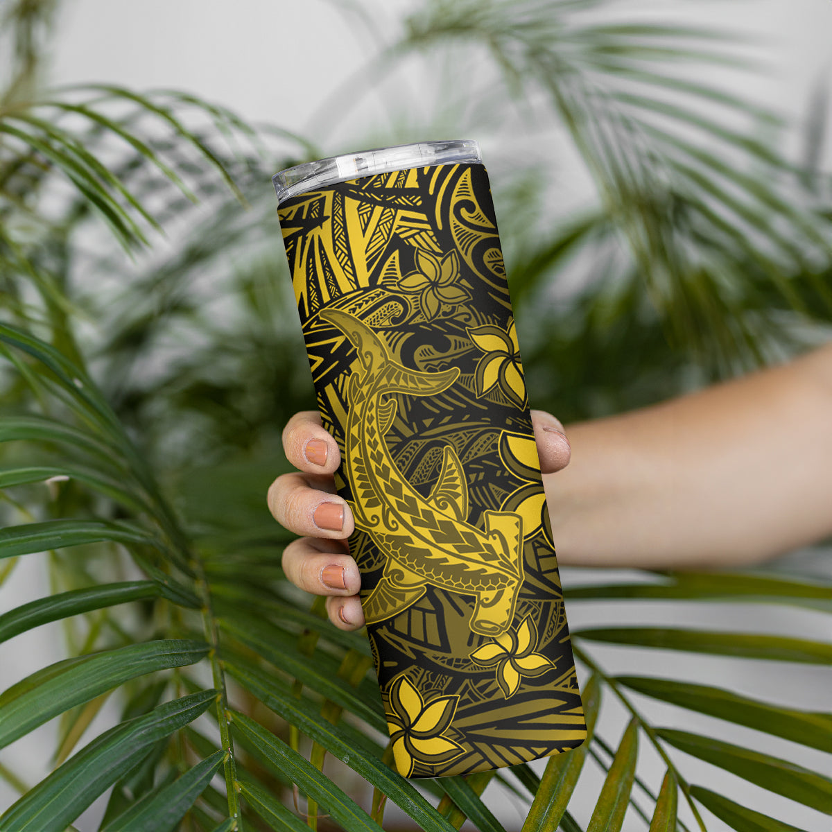 Polynesian Skinny Tumbler Gold Hawaiian Tribal Hammerhead Shark LT14 - Polynesian Pride